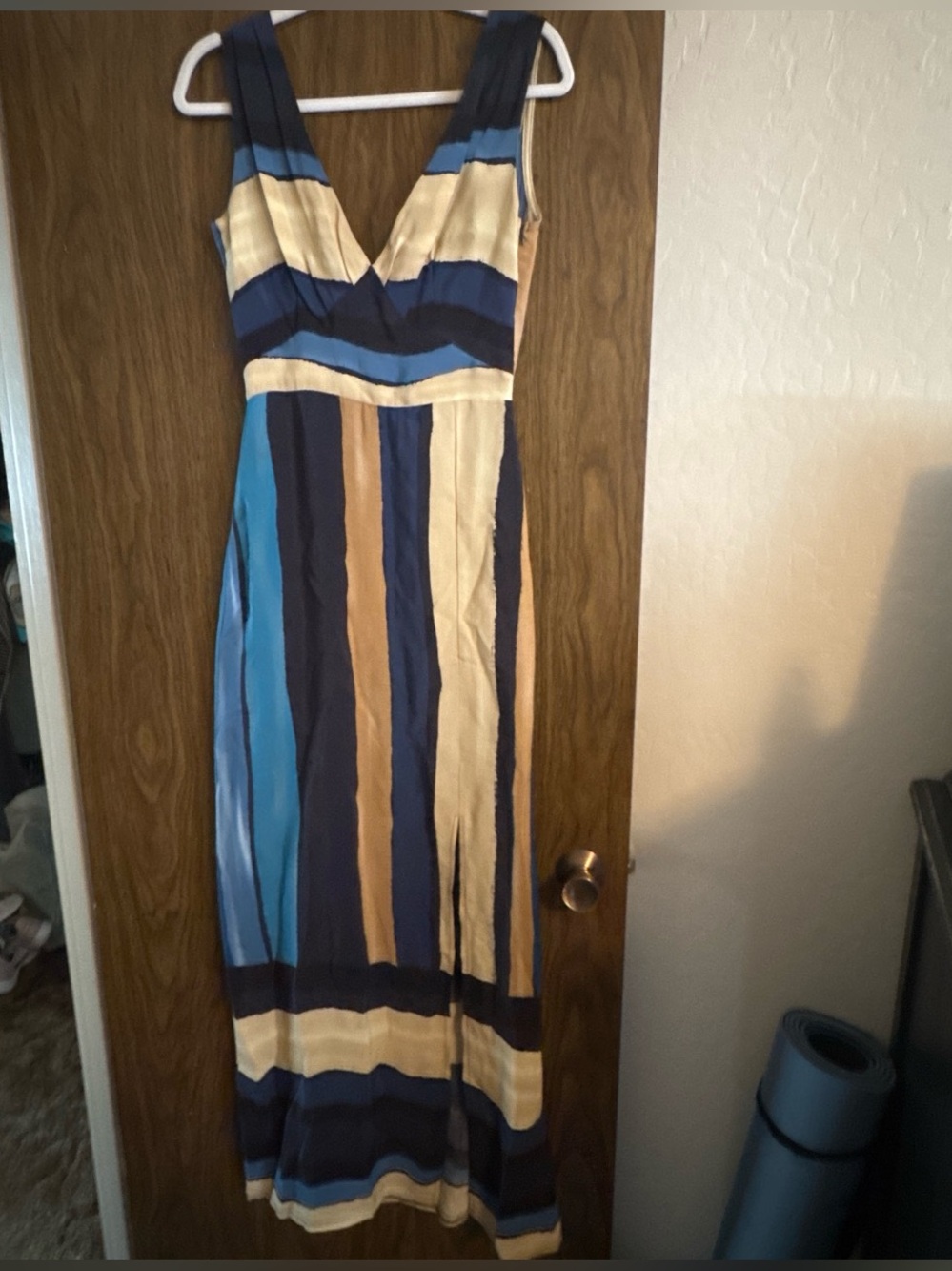 Striped V-Neck Maxi Dress in Navy, Blue & Cream